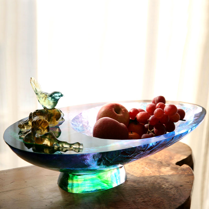 Fruktskål i krystallglass med fugledekor