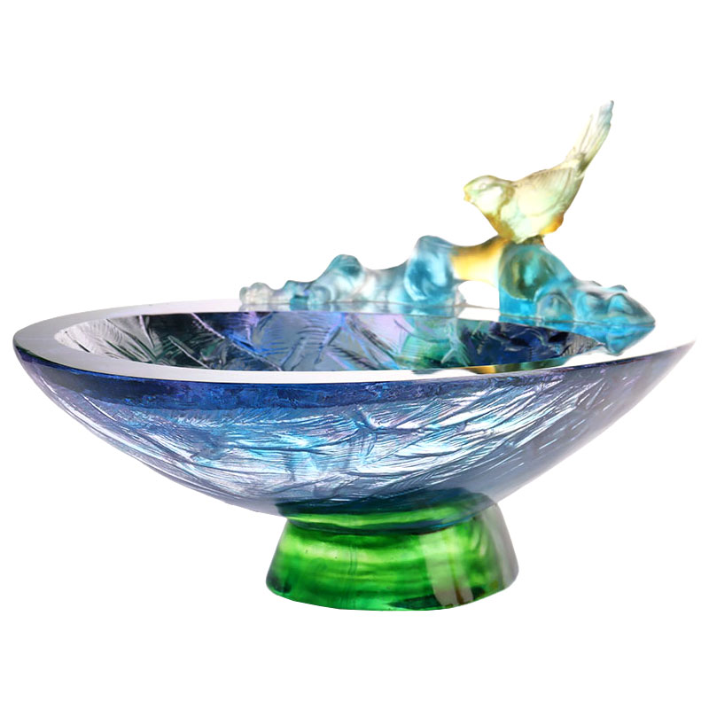 Fruktskål i krystallglass med fugledekor